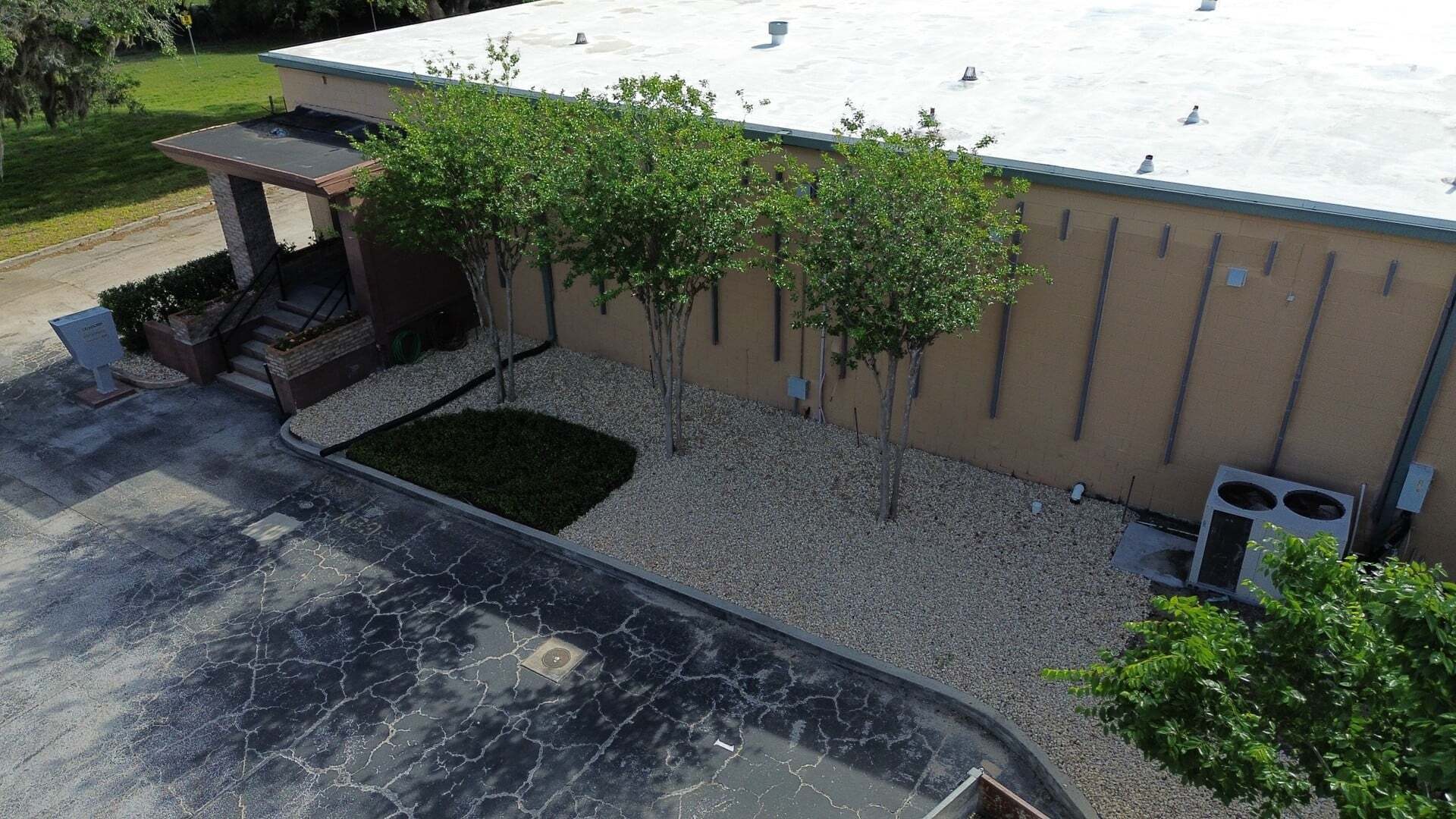 Rock landscaping bed with a row of newly planted trees along a commercial building