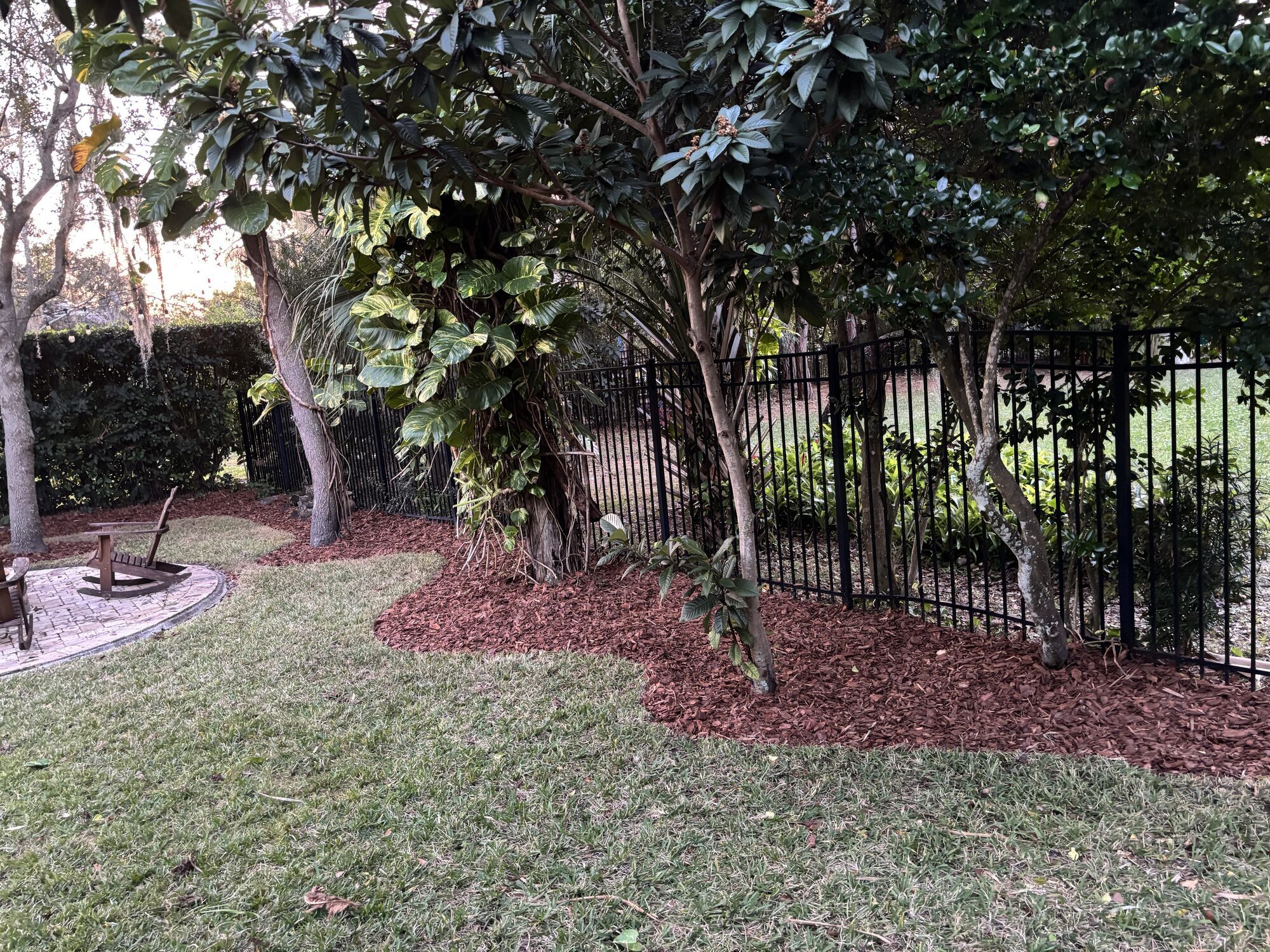 Fresh mulch bed with new plantings along a backyard fence