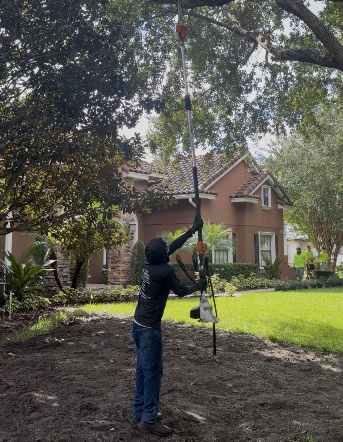 Green Gravel crew member cutting an oak limb with a pole saw